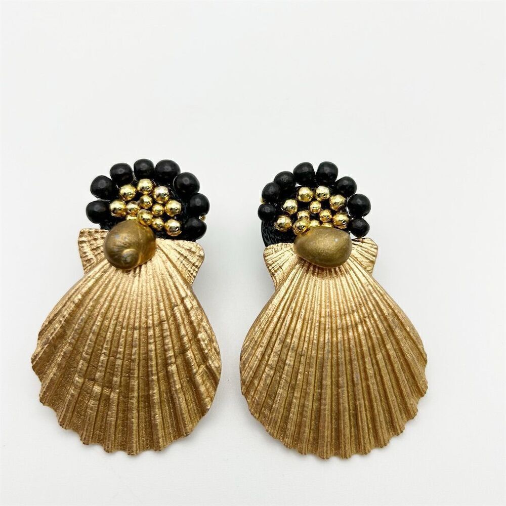 Vintage Handmade Unique Black and Gold Tone Beaded Genuine Shell Stud Earrings
